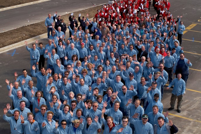 Aerial shot of Kondex employees in a crowd outdoors